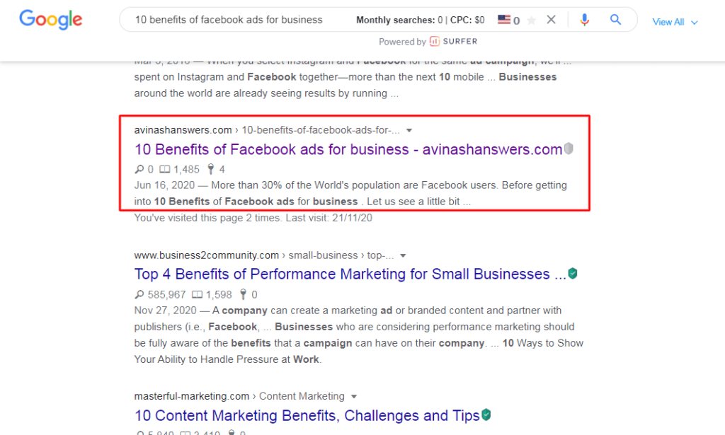 Google Ranking - avinashanswers.com (Screenshot 1)